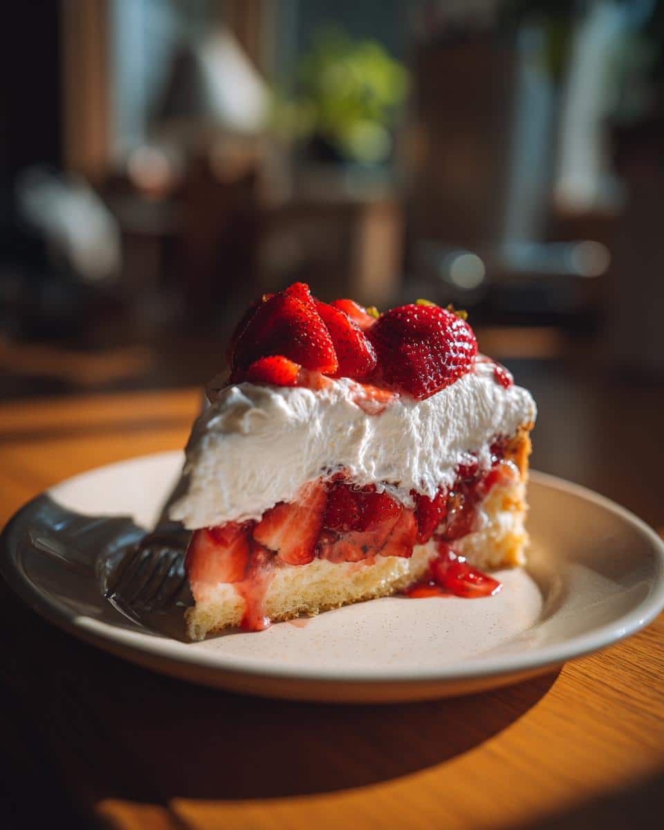 A slice of strawberry shortcake with fresh strawberries, whipped cream, and a golden cake base on a plate.