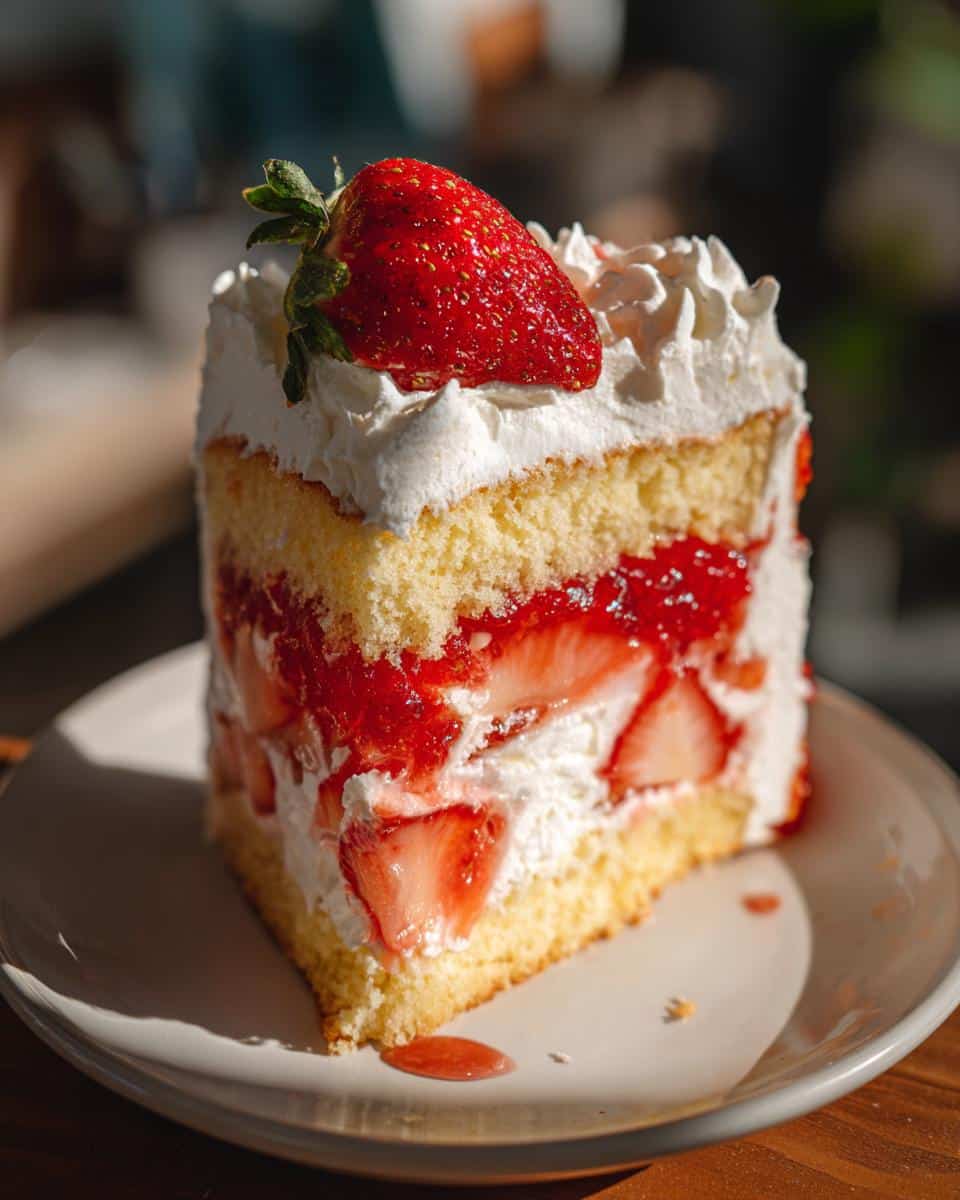 A delicious slice of strawberry shortcake with layers of strawberries, cake, and whipped cream on a white plate.