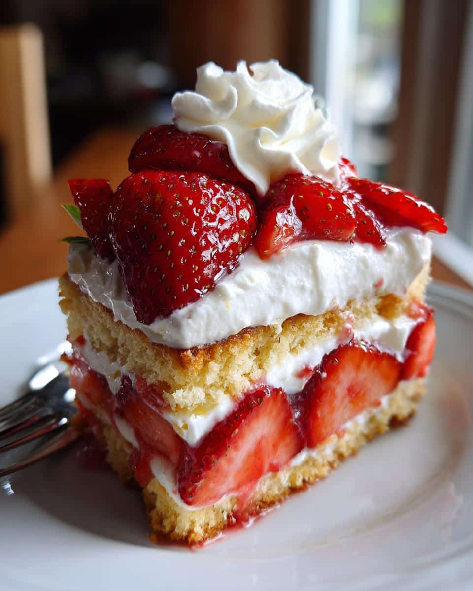 A delicious slice of strawberry shortcake with layers of cake, strawberries, and whipped cream.