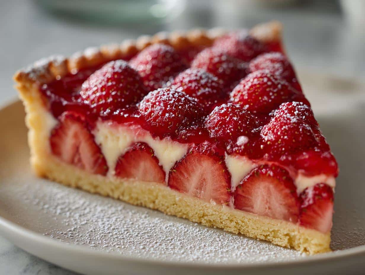 A close-up of a slice of strawberry tart, showcasing fresh strawberries, creamy filling, and a flaky crust. Strawberry recipes.