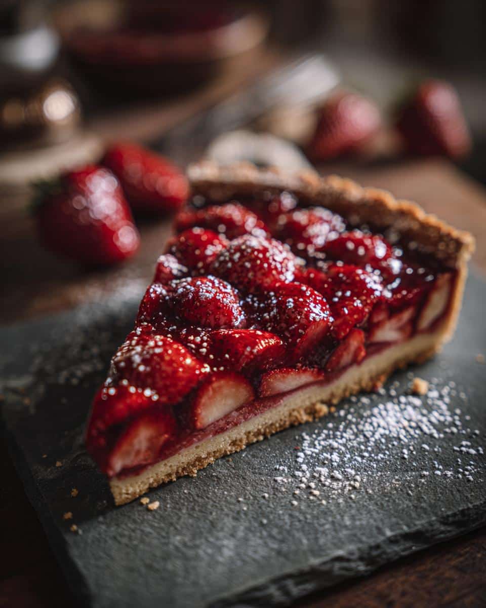 A delectable slice of strawberry tart, showcasing fresh strawberries and a flaky crust. Perfect for strawberry recipes.