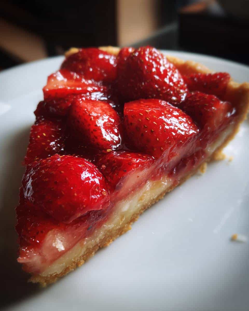 A close-up of a slice of strawberry tart, showcasing fresh strawberries and a flaky crust. Strawberry recipes.