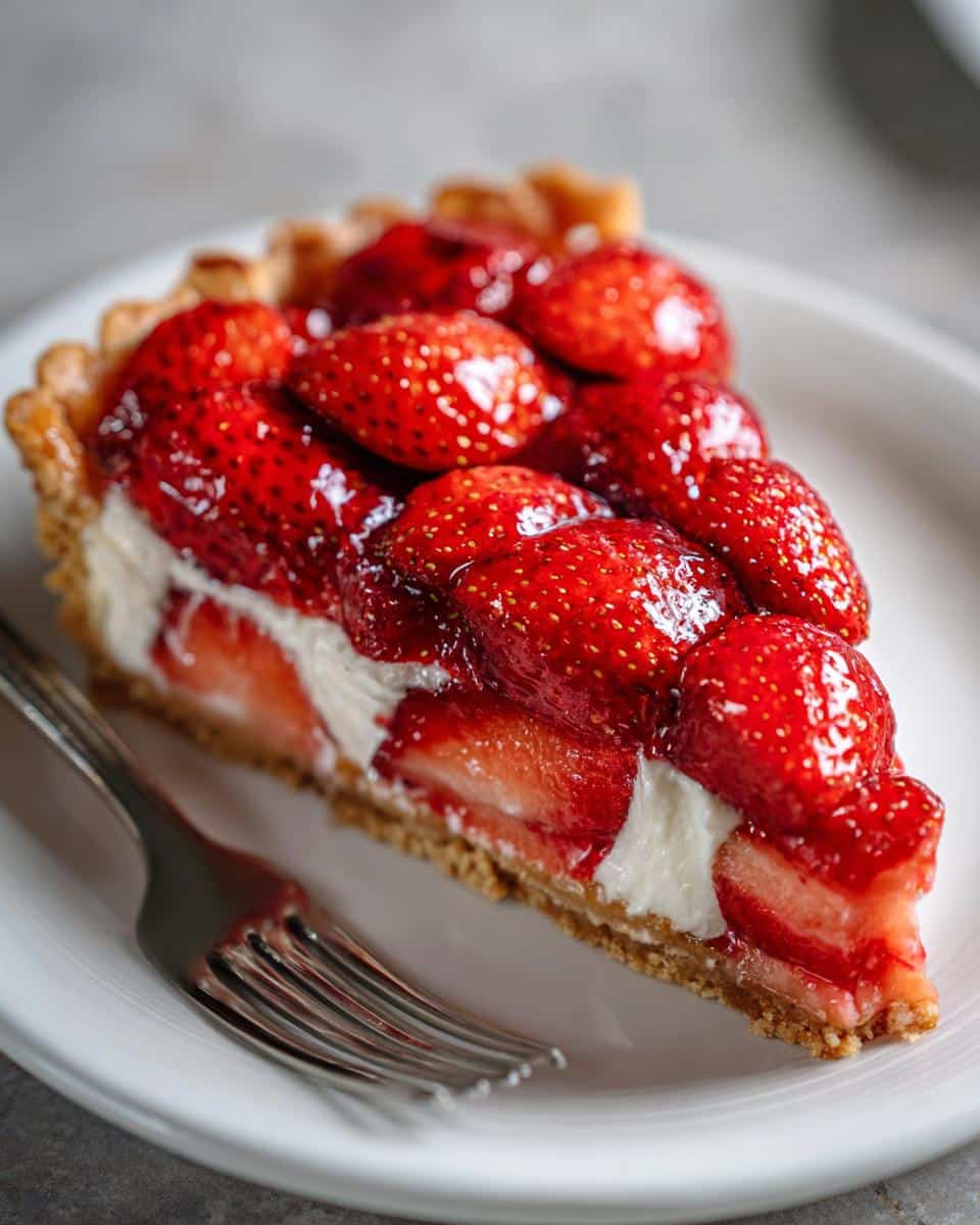 A delicious slice of strawberry tart, showcasing one of our favorite strawberry recipes, with a flaky crust and creamy filling.