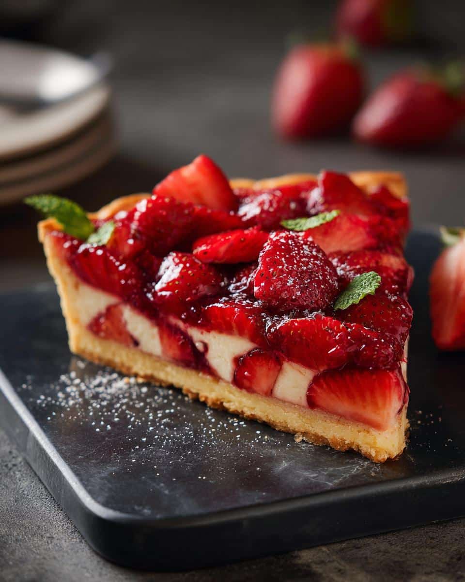 A slice of strawberry tart, showcasing fresh strawberries, creamy filling, and a golden crust. Part of our strawberry recipes.