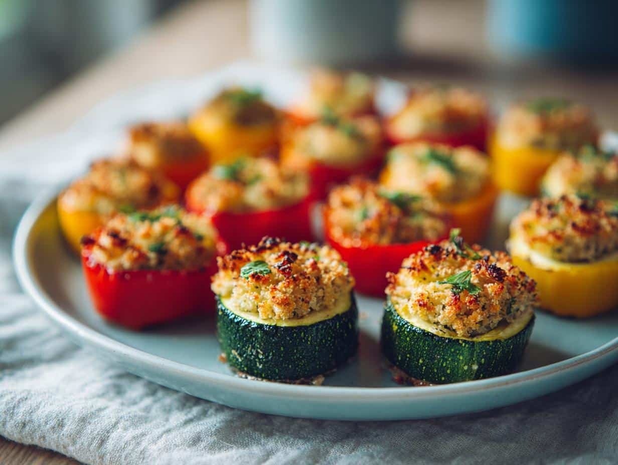 Colorful stuffed peppers and zucchini, a delicious and Healthy Game Day Finger Foods option on a plate.