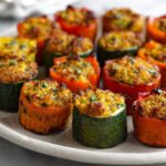 Colorful stuffed zucchini and bell peppers, a delicious and Healthy Game Day Finger Foods option.