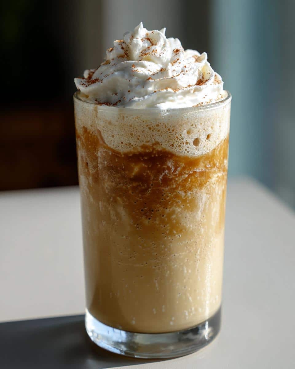 A refreshing vanilla bean frappuccino recipe, topped with whipped cream and a sprinkle of cinnamon.