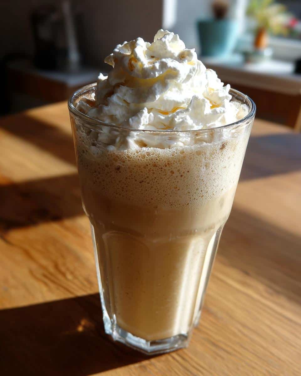 Tall glass of vanilla bean frappuccino topped with whipped cream on a wooden table.