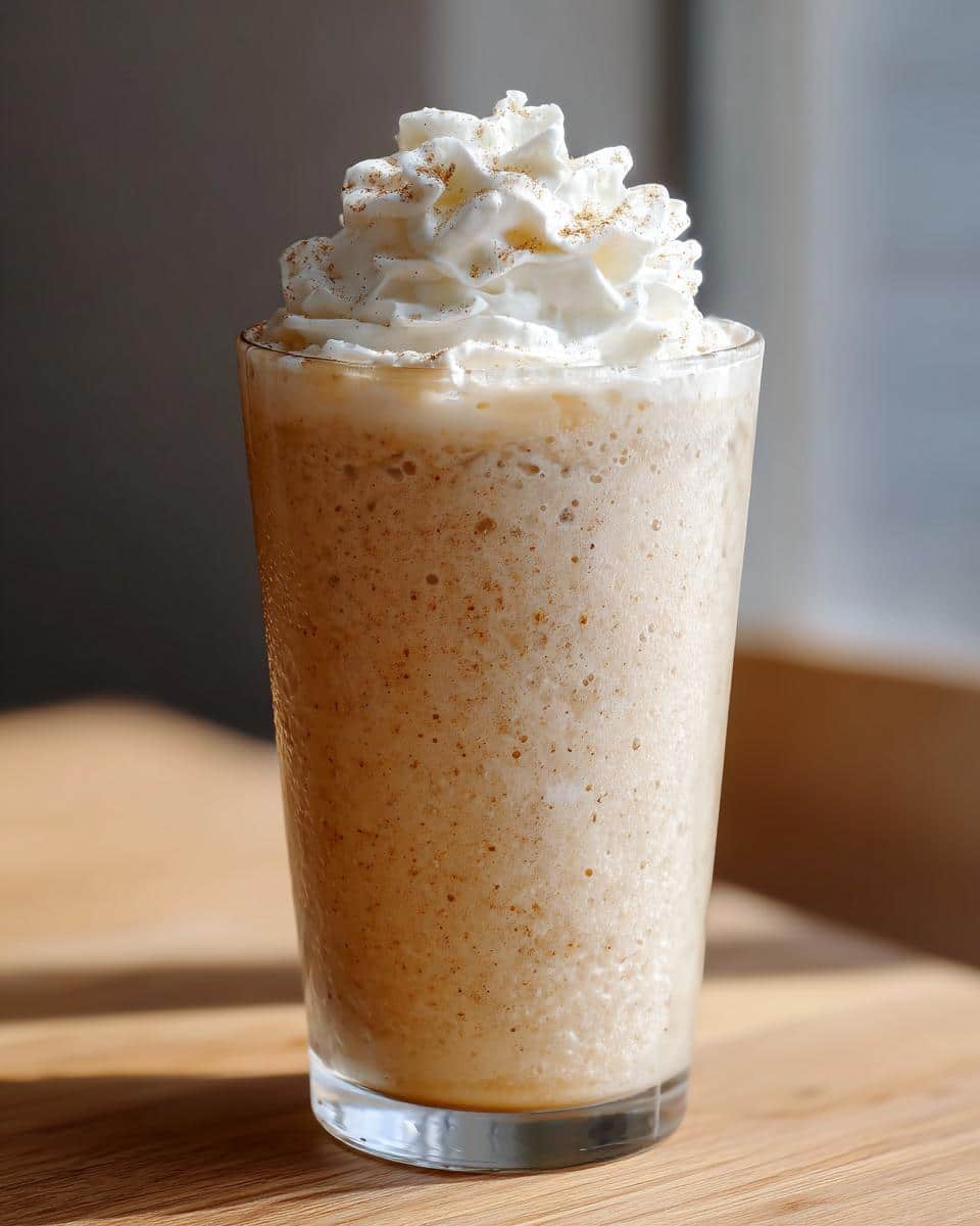 A tall glass of vanilla bean frappuccino topped with whipped cream and a sprinkle of spice.