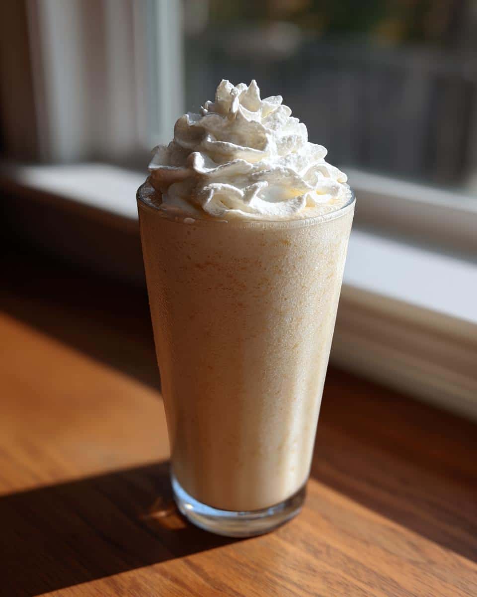 Tall glass of a vanilla bean frappuccino topped with whipped cream, sitting on a wooden table.
