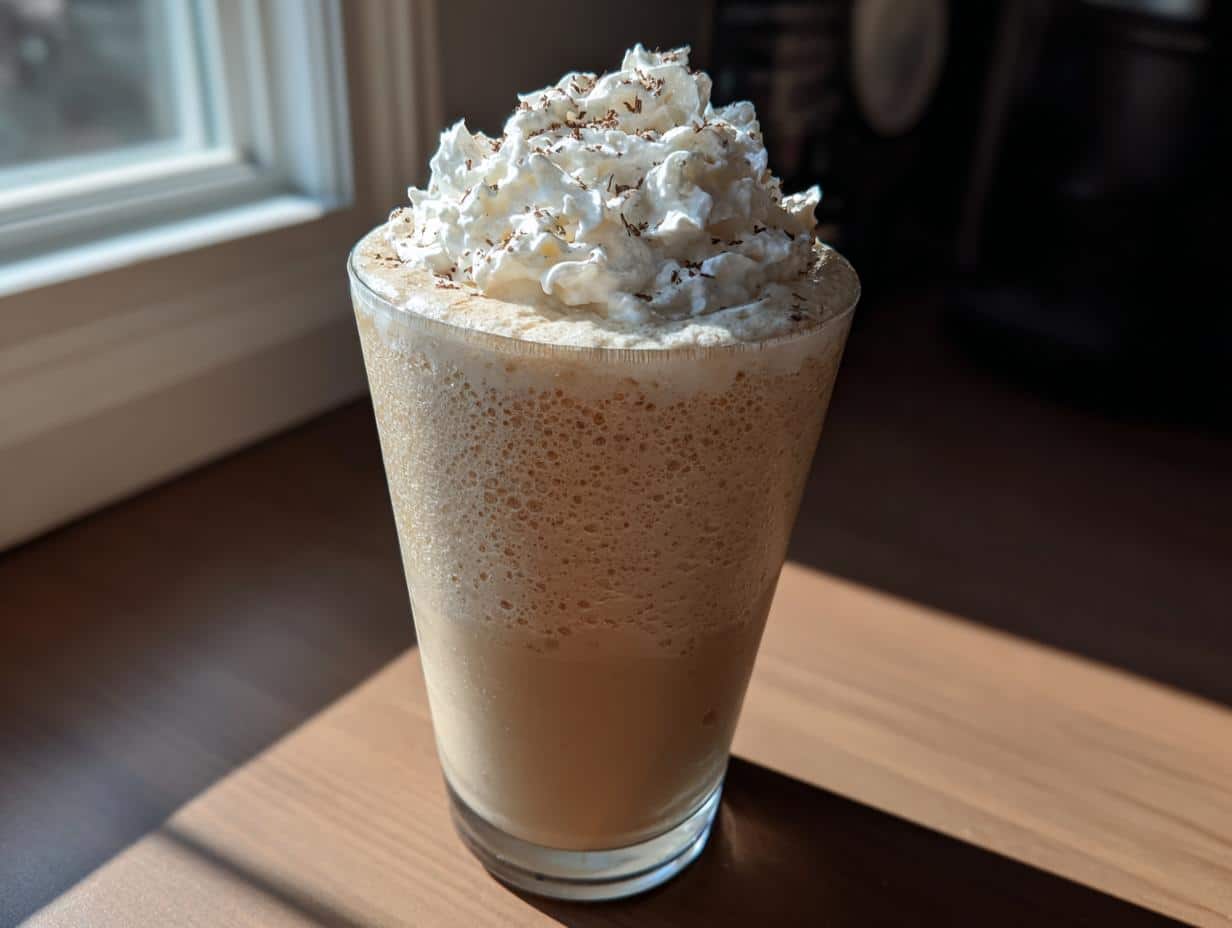 A delicious homemade vanilla bean frappuccino topped with whipped cream and chocolate shavings.