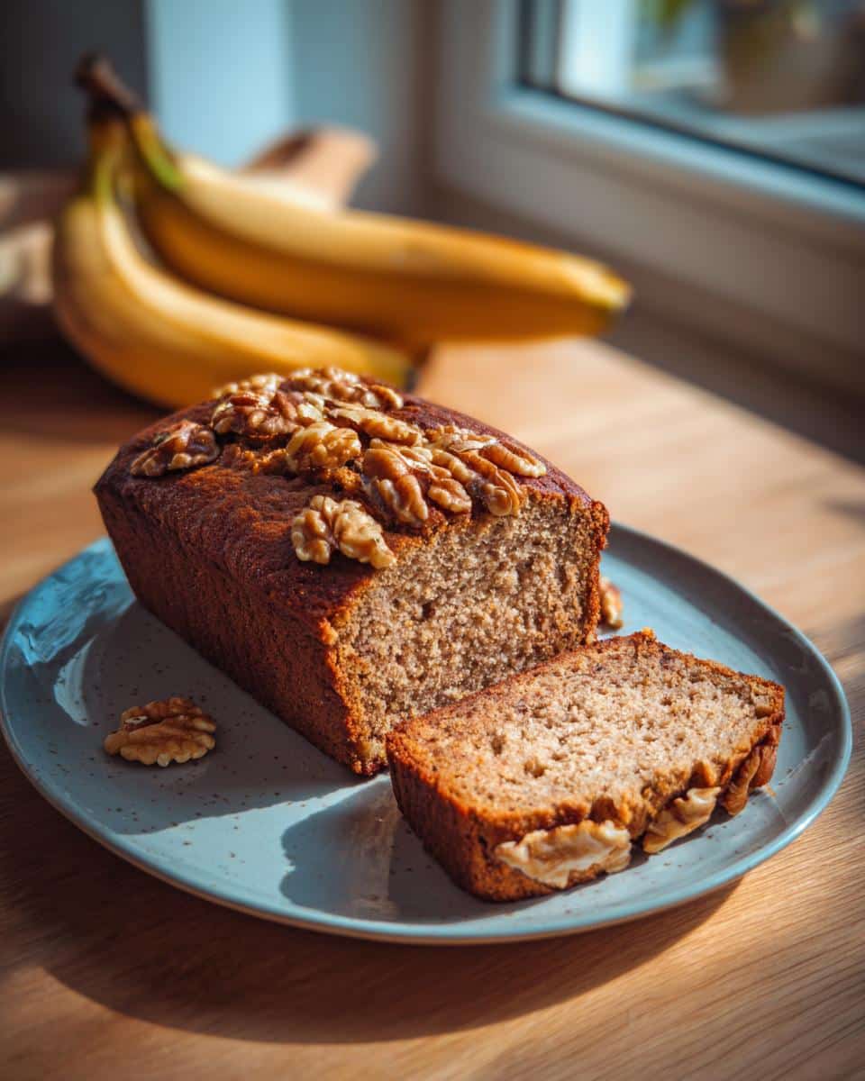 A loaf of vegan banana bread, sliced and topped with walnuts, perfect for bridal shower desserts.