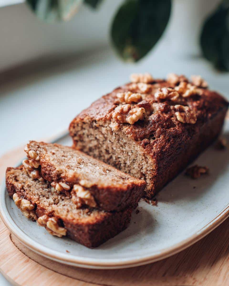 Sliced vegan banana bread topped with walnuts, perfect for bridal shower desserts.