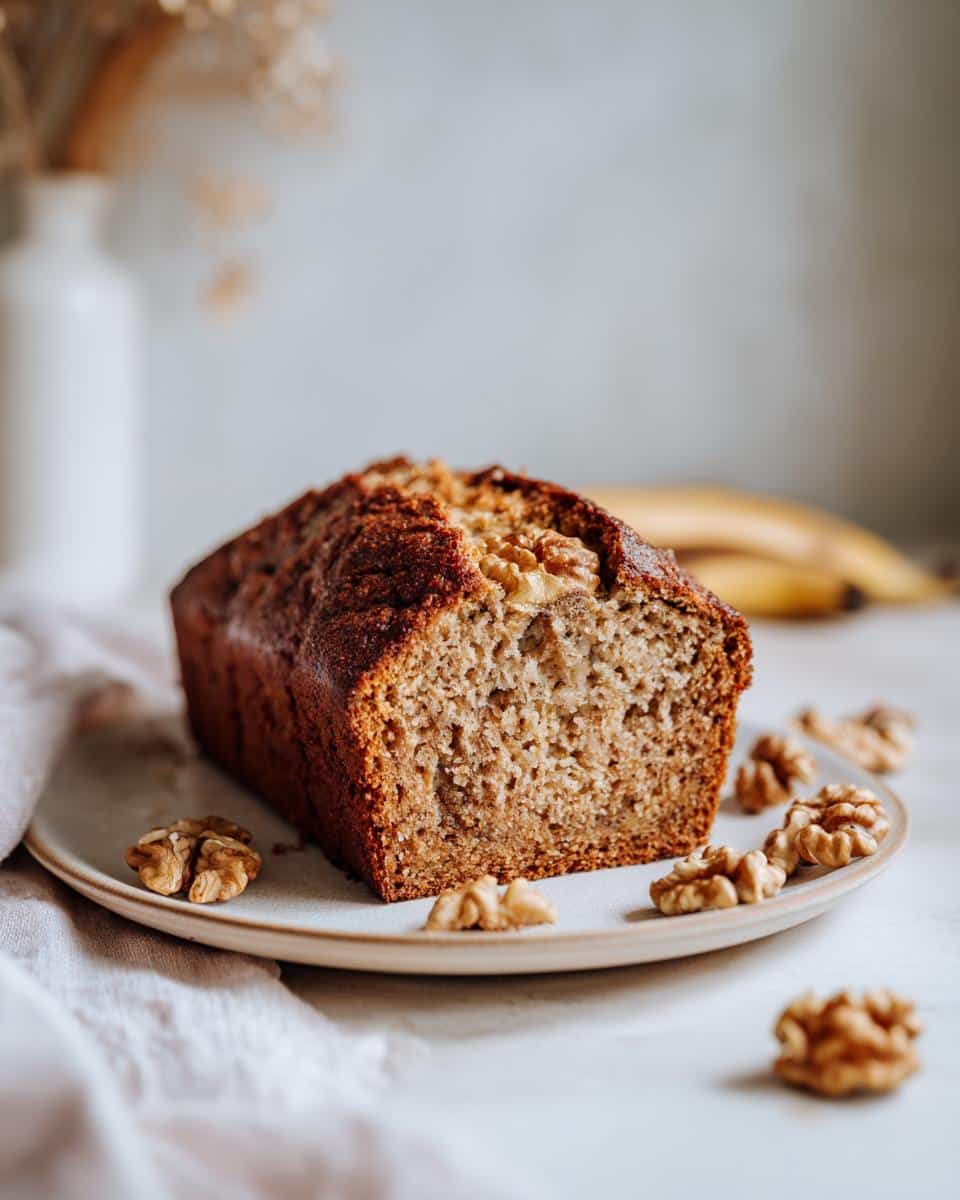 A loaf of vegan banana bread, a perfect choice for bridal shower desserts, sits on a plate with walnuts.