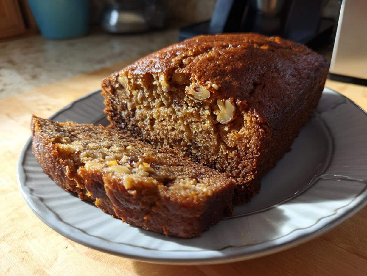 A loaf of vegan banana bread, sliced and served on a plate, perfect for bridal shower desserts.