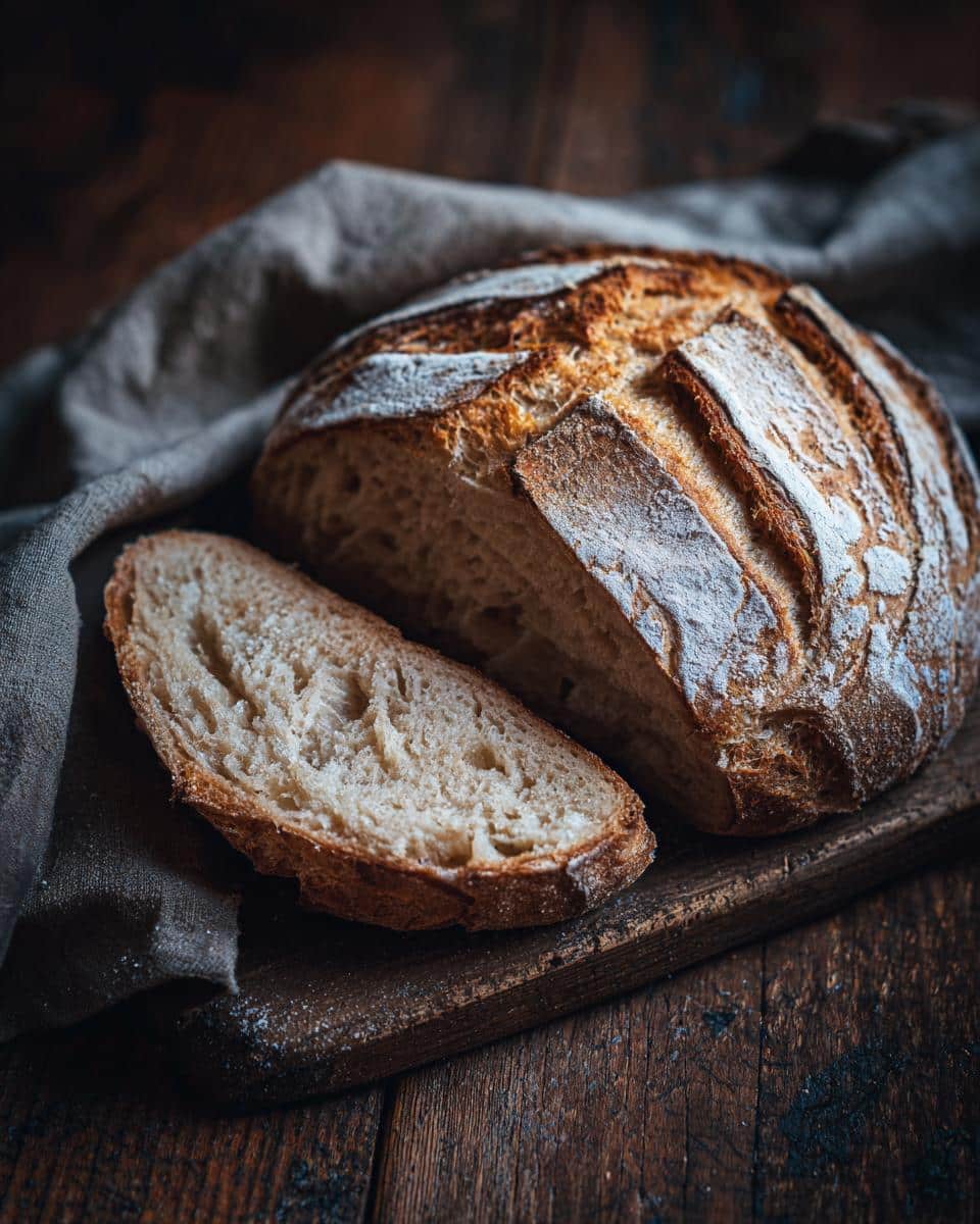 Loaf of freshly baked vegan bread with a slice cut, presented on a wooden board. Part of game day recipes.