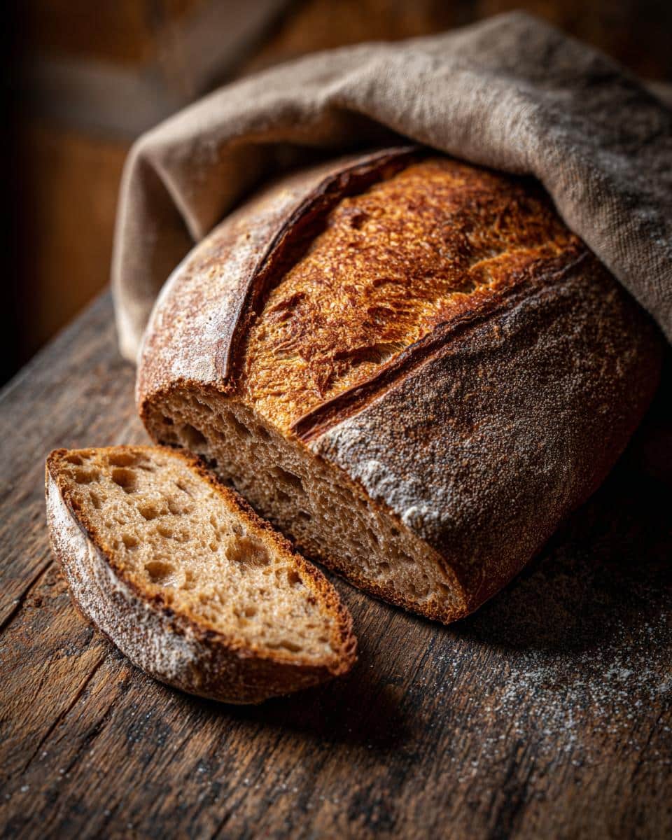 Loaf of vegan bread with a slice cut, presented on a wooden board. Great for game day recipes.