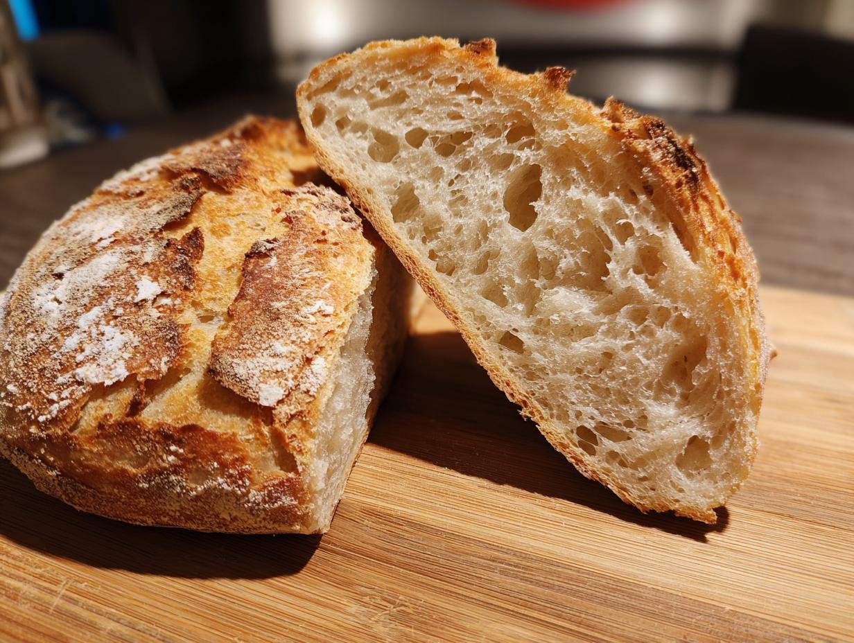 Crusty vegan bread, cut in half, showing the airy interior. Perfect for game day recipes.