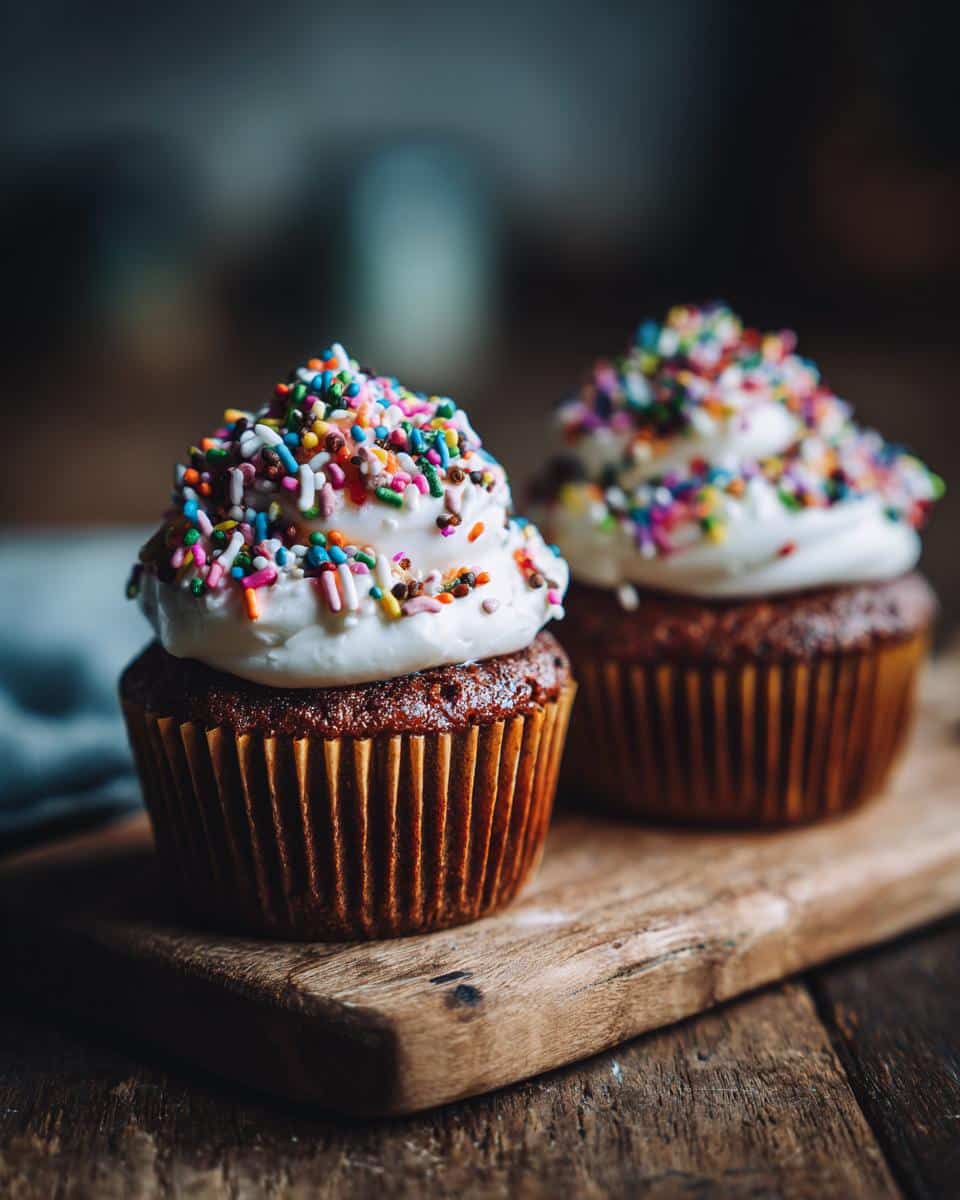 Two wedding cupcakes with white frosting and colorful sprinkles, sitting on a wooden board.