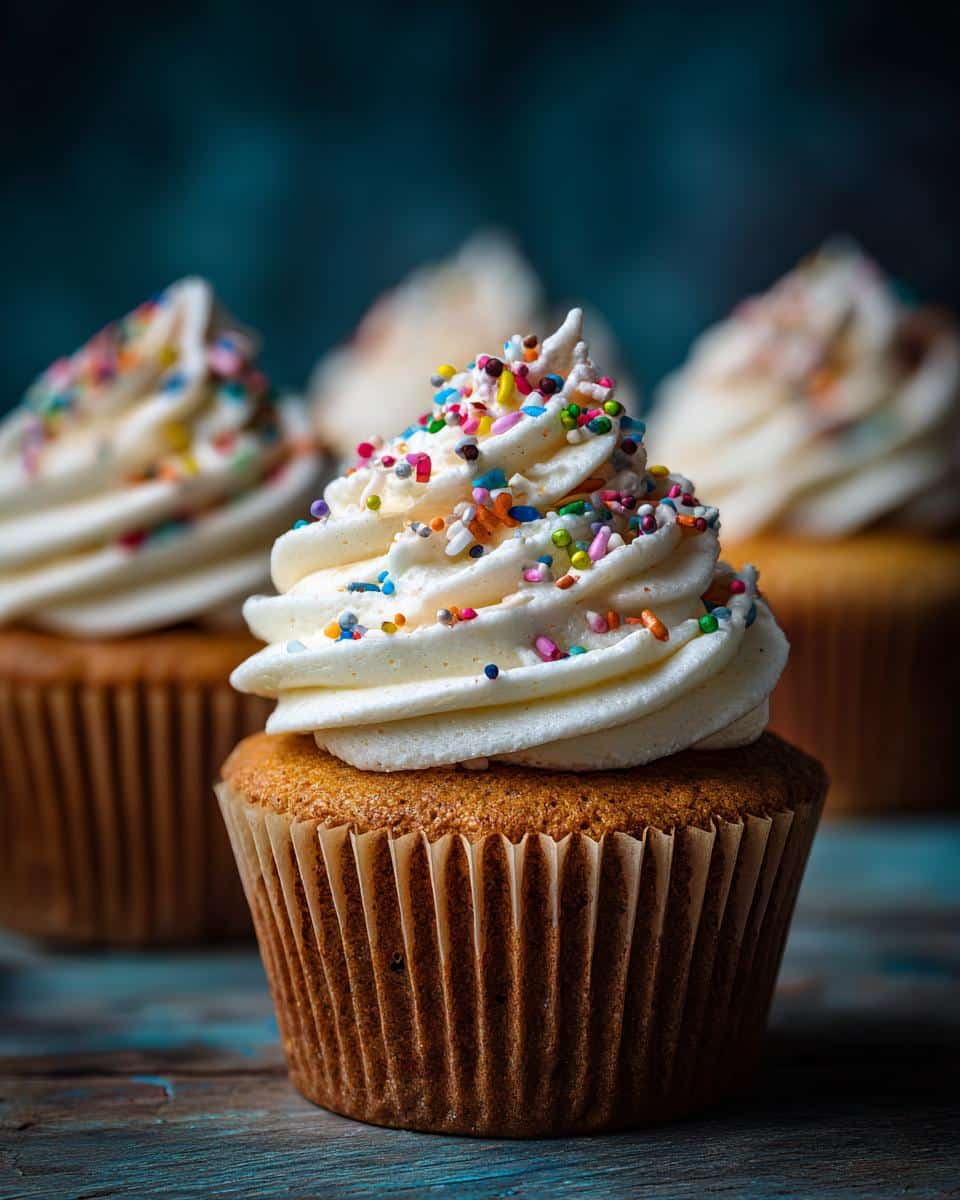 Close-up of wedding cupcakes decorated with white frosting and colorful sprinkles.