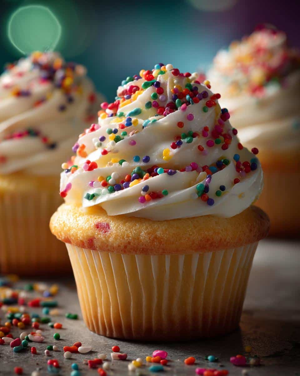 Close-up of a wedding cupcake with white frosting and colorful sprinkles. Other cupcakes are blurred in the background.