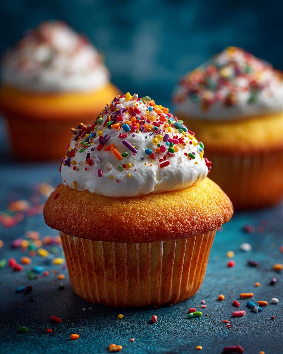 Close-up of a wedding cupcake with white frosting and colorful sprinkles. More cupcakes are blurred in the background.