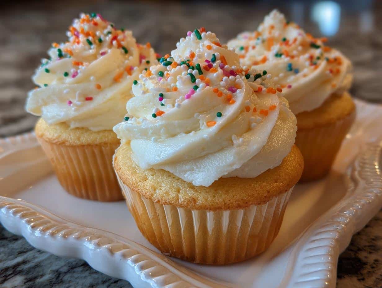 Three wedding cupcakes with white frosting and colorful sprinkles on a white plate.