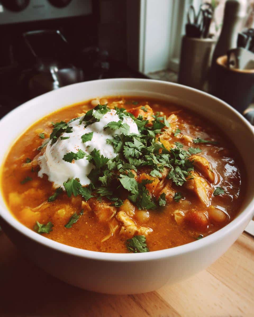 A bowl of white chicken chili topped with sour cream and fresh cilantro.