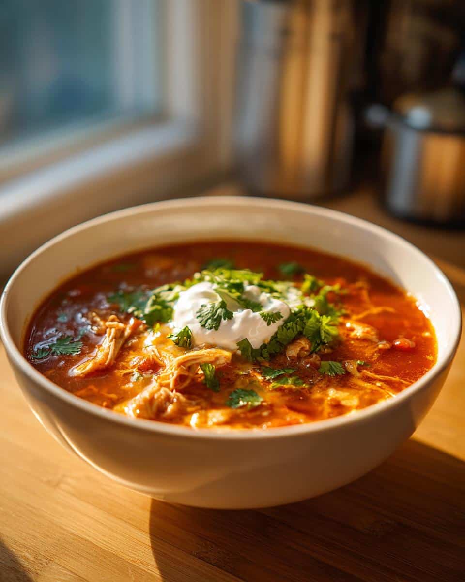 A bowl of white chicken chili topped with sour cream and cilantro, sitting on a wooden surface.