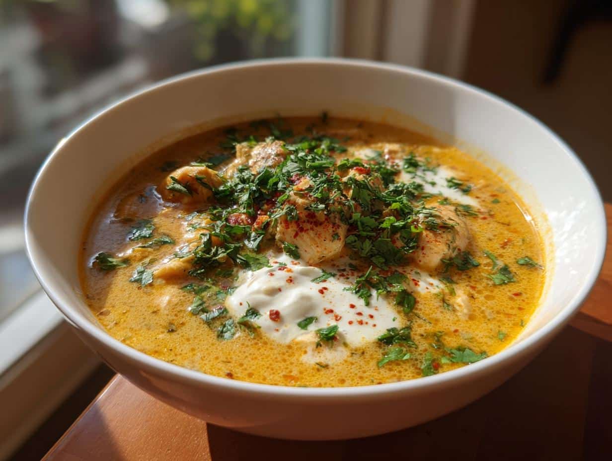 A bowl of white chicken chili, garnished with fresh parsley and a dollop of sour cream.