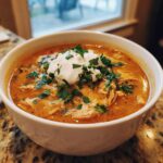 A bowl of white chicken chili topped with sour cream and fresh parsley, ready to eat.