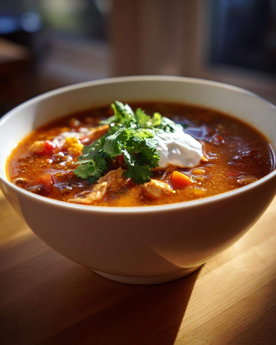 A bowl of white chicken chili topped with sour cream and cilantro, sitting on a wooden surface.