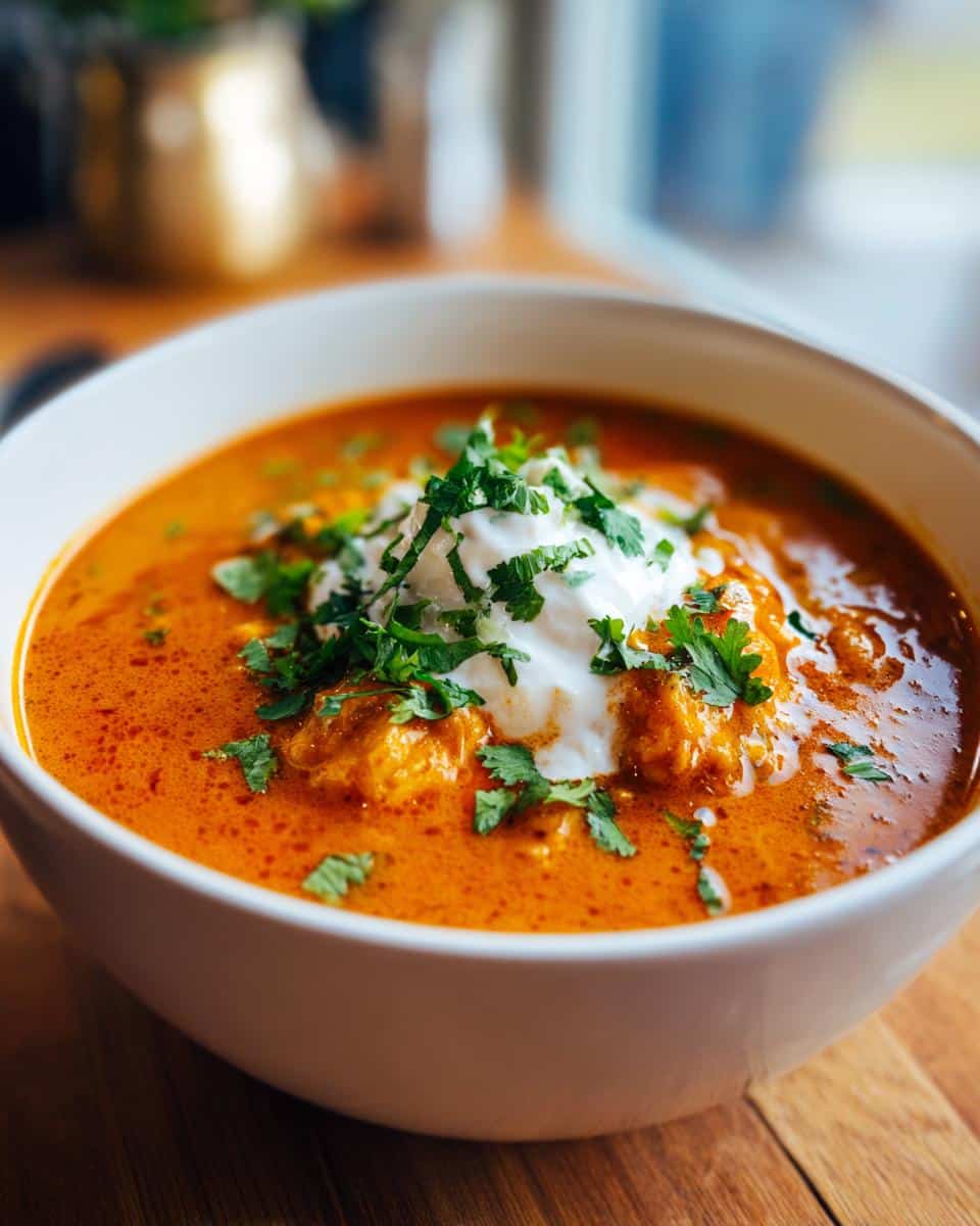 A bowl of white chicken chili topped with cream and fresh herbs, ready to eat.