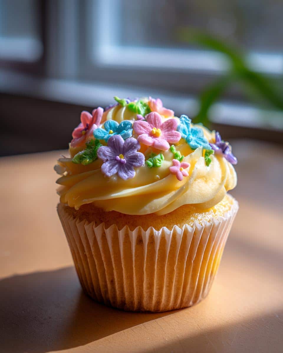 Close-up of a wild flower cupcake with yellow buttercream frosting and colorful flower decorations.