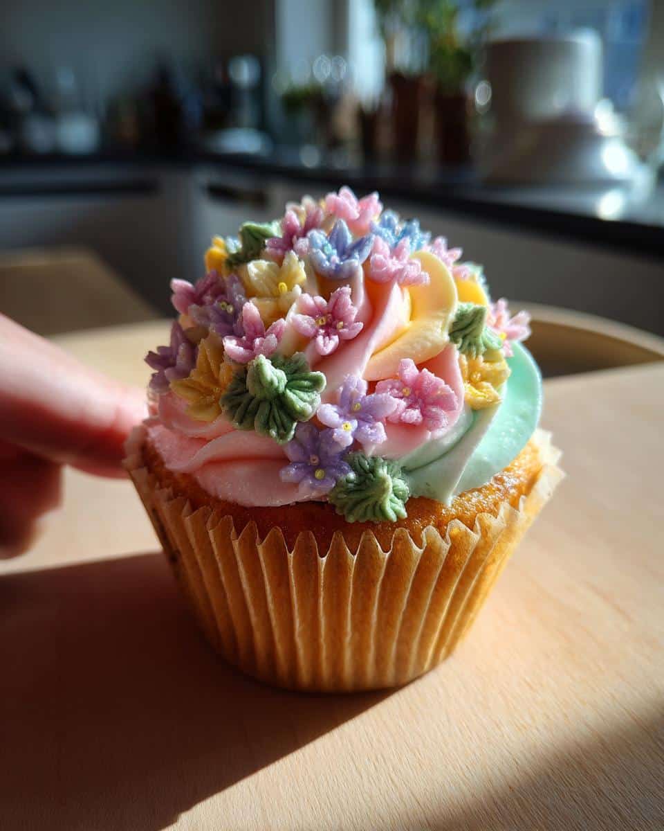 Close-up of a beautifully decorated wild flower cupcake with pastel-colored buttercream flowers and green leaves.