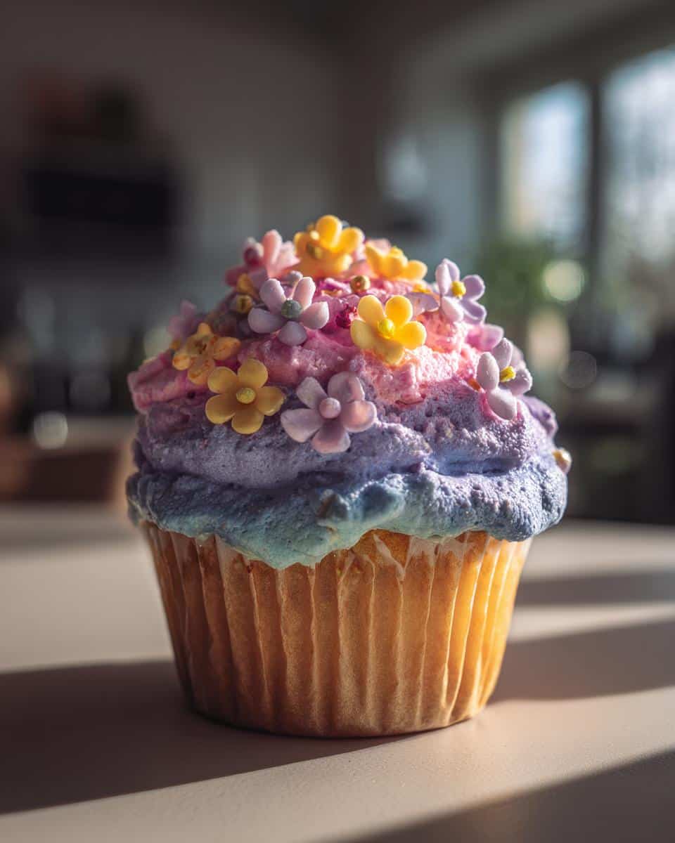 Close-up of a wild flower cupcake decorated with colorful frosting and delicate sugar flowers.