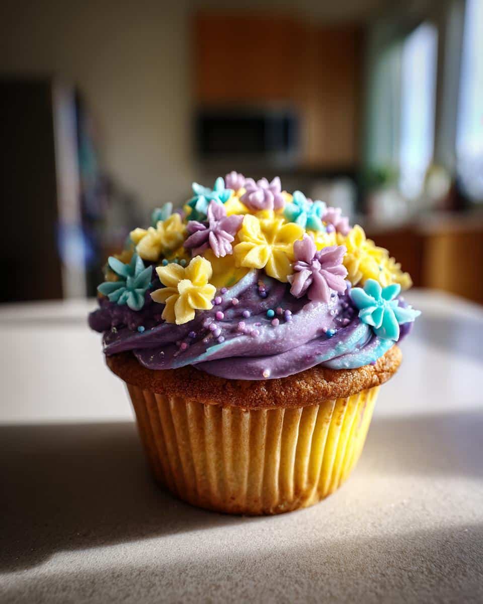 Close-up of a wild flower cupcake with purple frosting and colorful flower decorations.