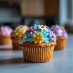 Close-up of wild flower cupcakes decorated with colorful frosting and edible flowers.