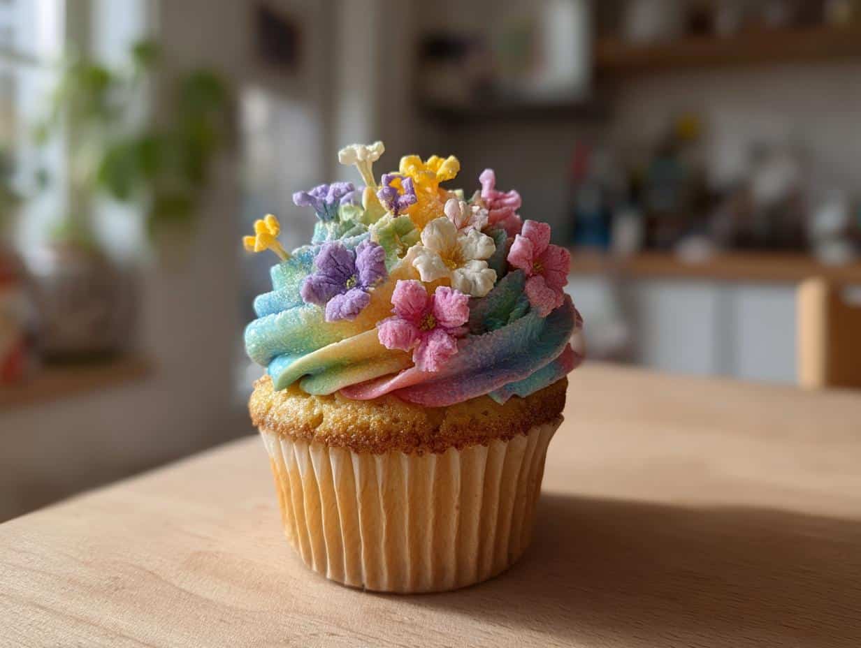 A single wild flower cupcake with rainbow frosting and delicate sugar flower decorations.