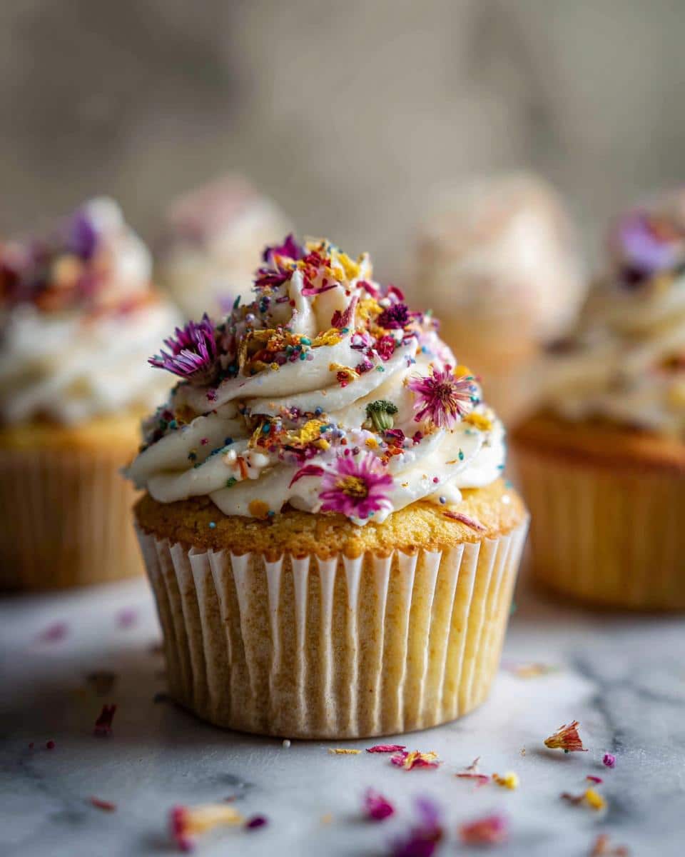 A close-up of a wildflower cupcake with white frosting, edible flowers, and colorful sprinkles.