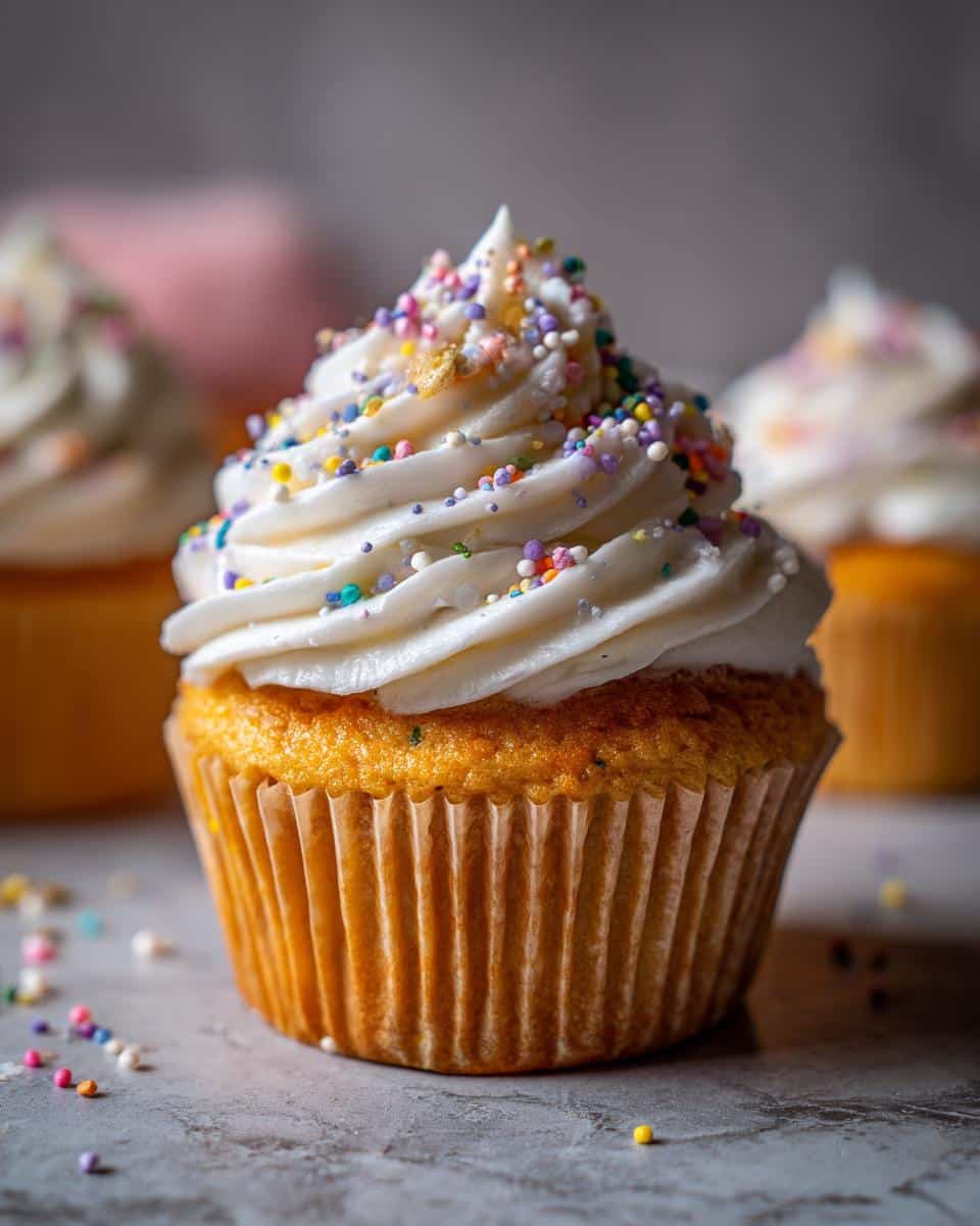 A close-up of a wildflower cupcake with white frosting and colorful sprinkles.