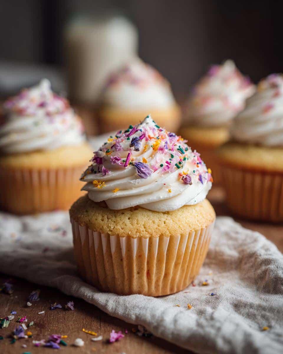 A close-up of a wildflower cupcake with white frosting and colorful sprinkles and dried flowers.