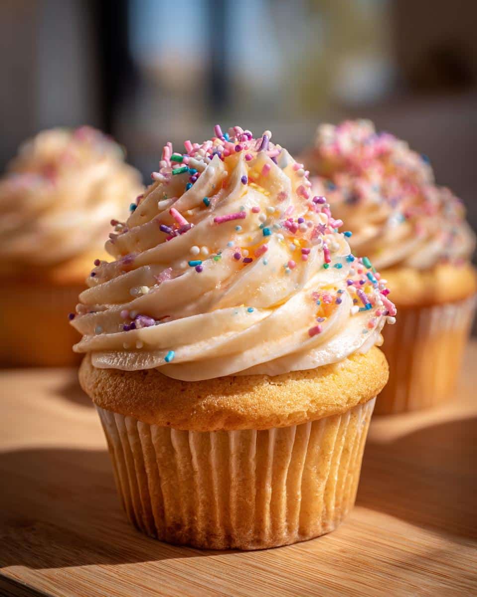 Three wildflower cupcakes with creamy frosting and colorful sprinkles, arranged on a wooden surface.