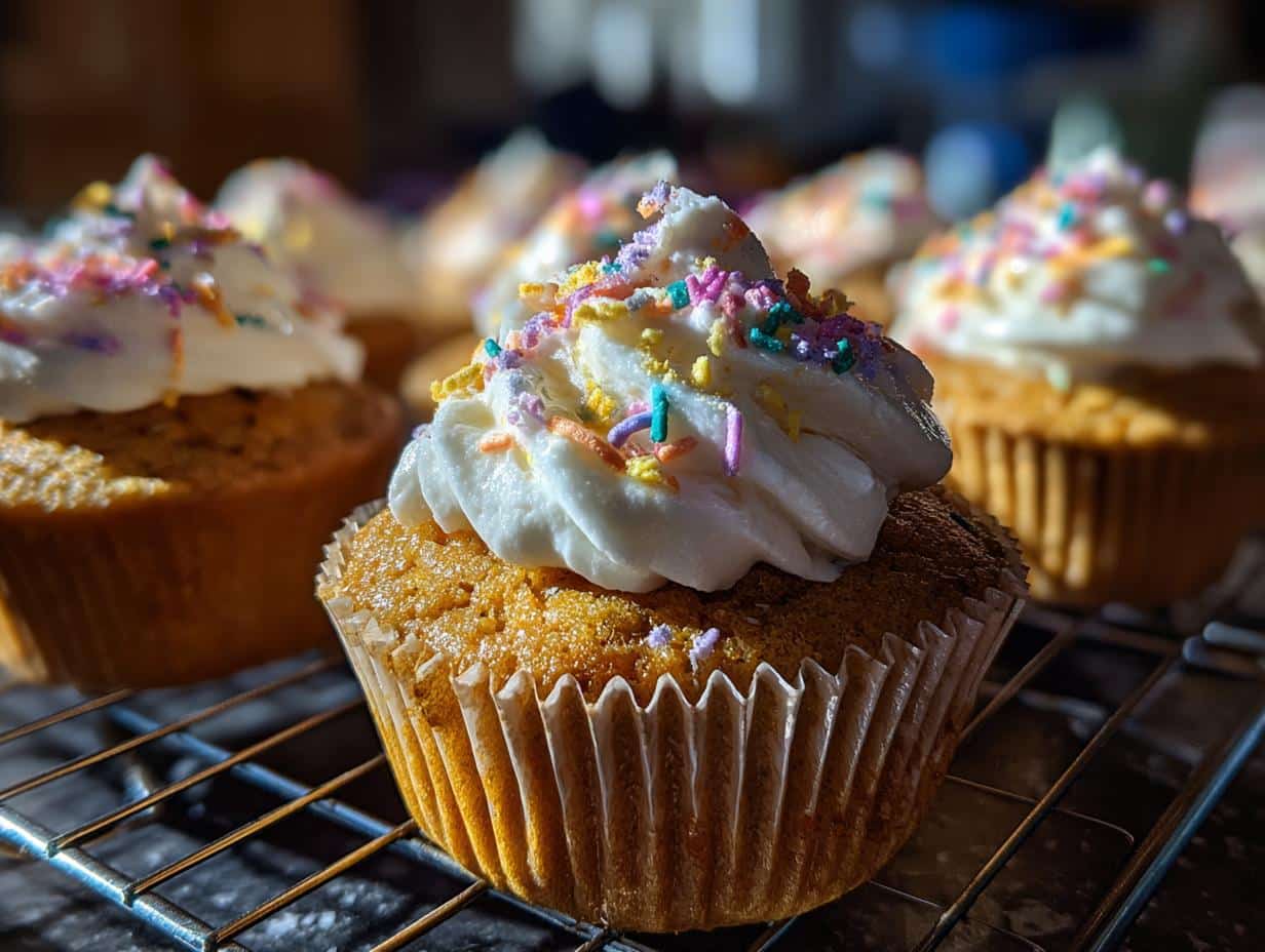 Close-up of wildflower cupcakes with white frosting and colorful sprinkles on a wire rack.