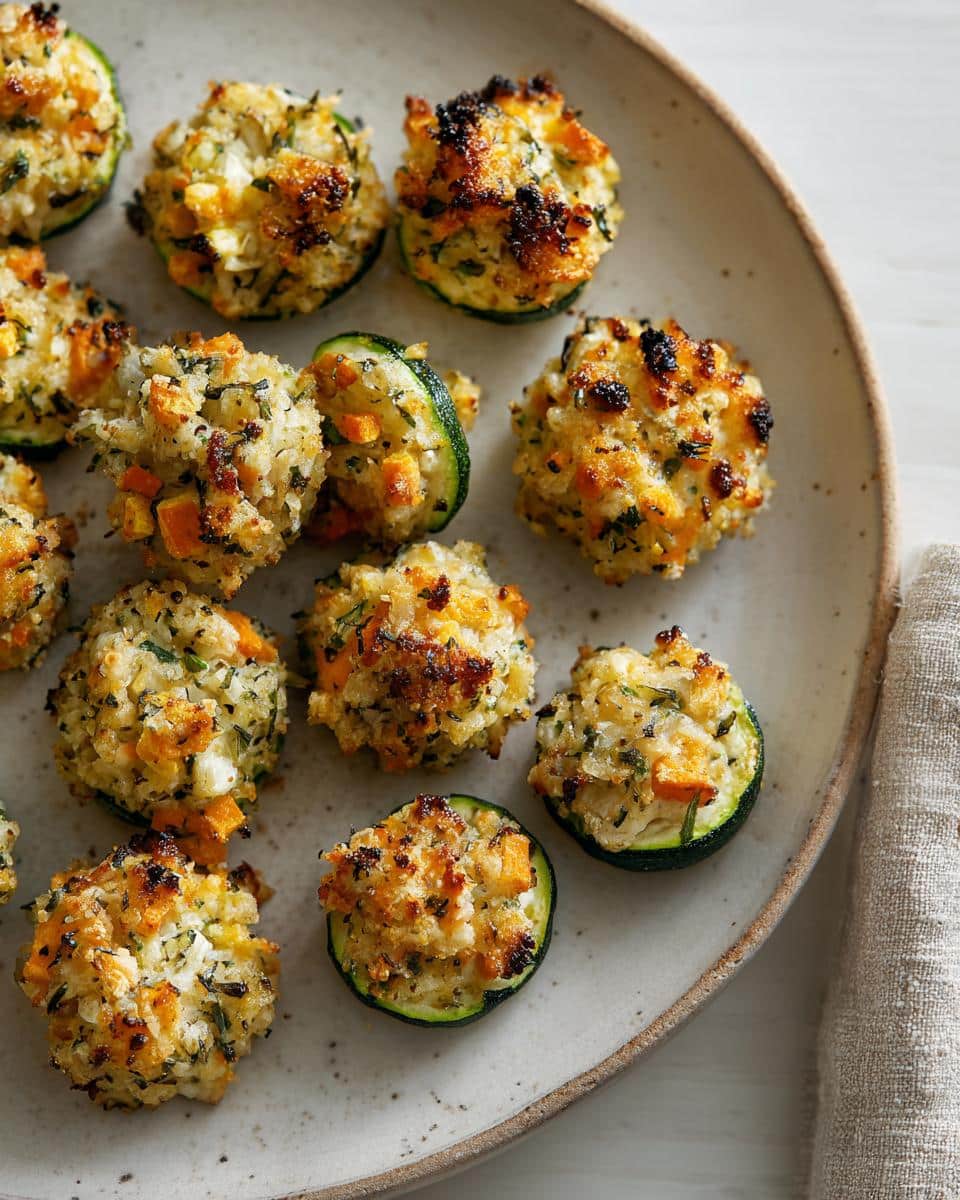 Plate of zucchini bites, a healthy game day finger foods option, filled with cheesy rice and herbs.