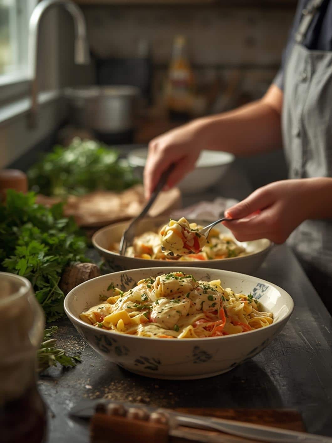 Chicken Alfredo Bowls Preparing
