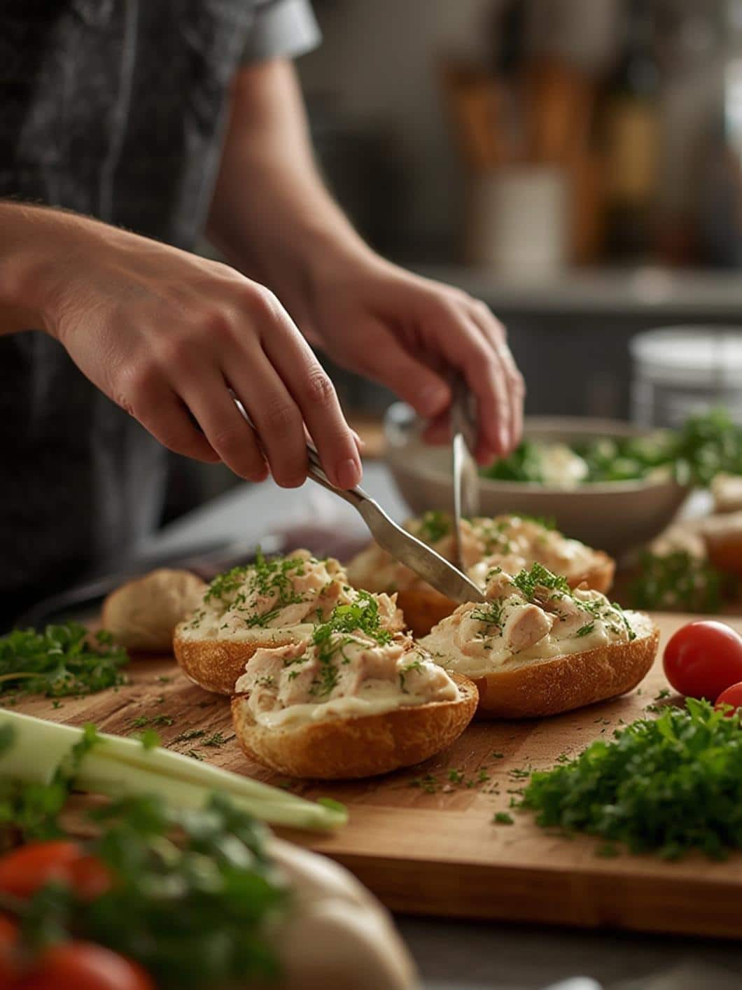 Chicken Alfredo Garlic Bread Bowls Preparing