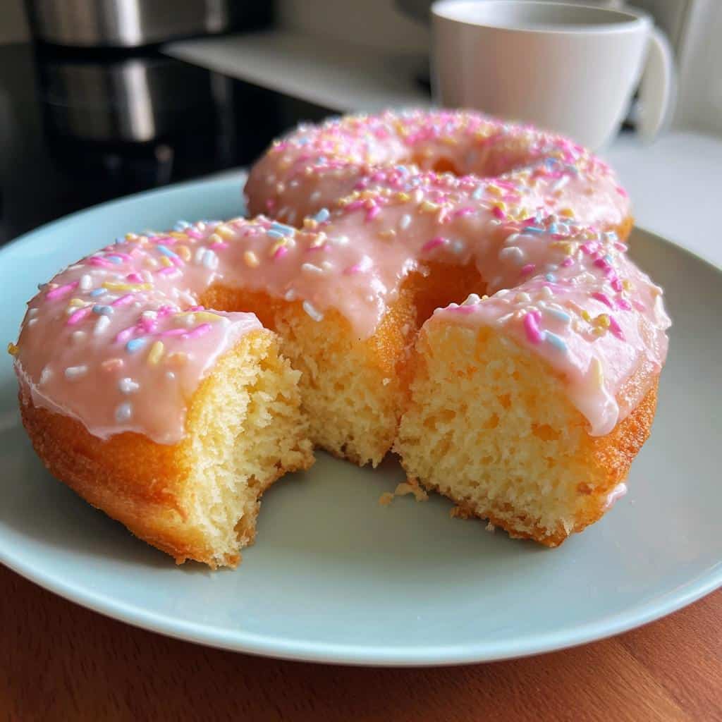 Two air fryer heart donuts on a plate, one with a bite taken out, showing the texture. Pink glaze and sprinkles.