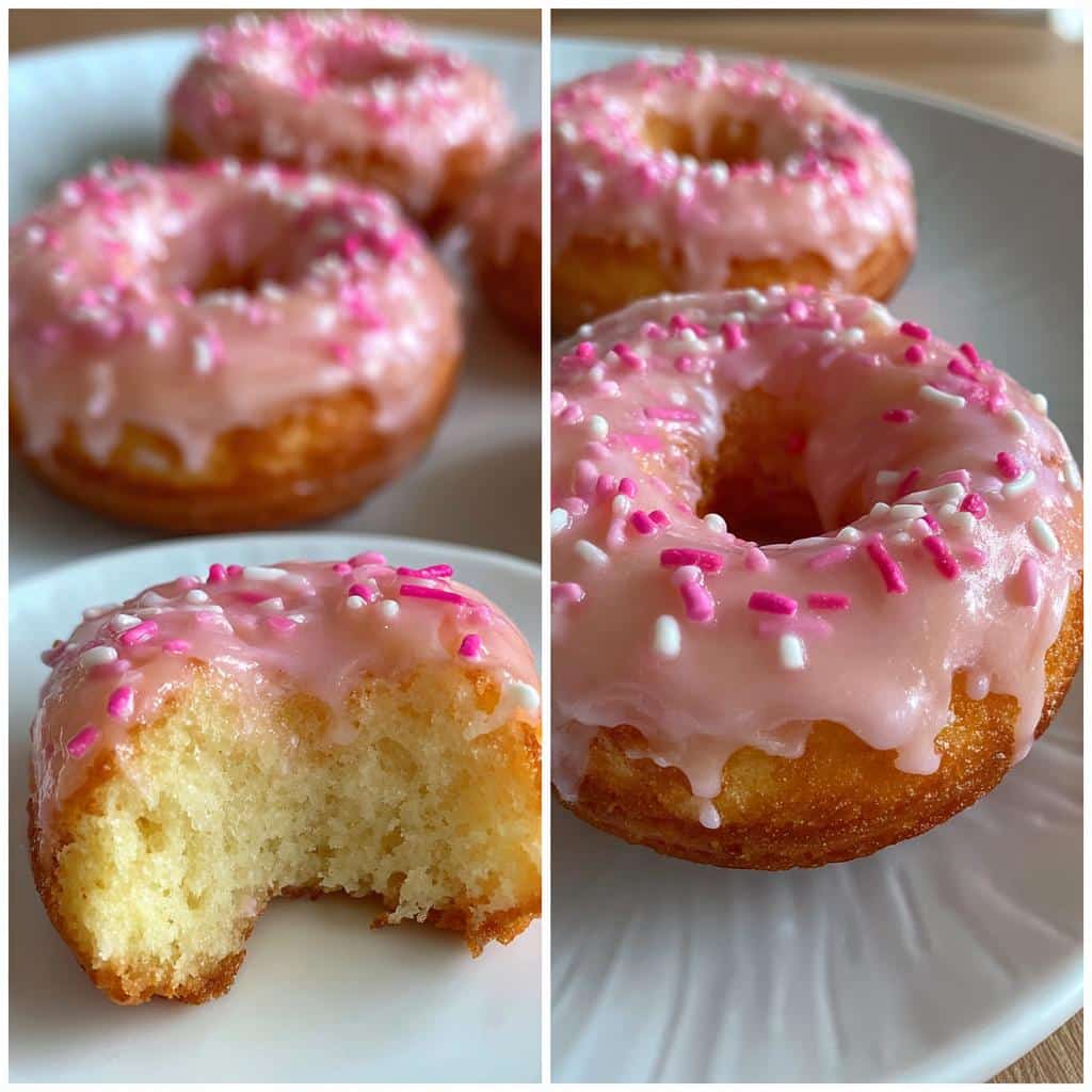 Close-up of air fryer heart donuts with pink glaze and sprinkles, one with a bite taken out.
