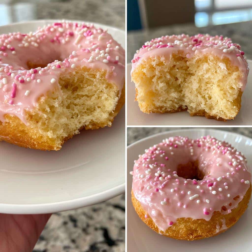 Collage of air fryer heart donuts with pink glaze and sprinkles, one with a bite taken out.
